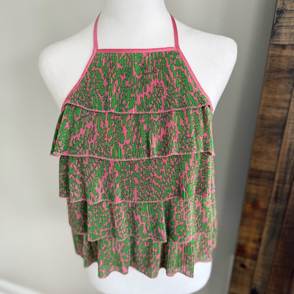 Trina Turk Petal Print Plisse‎ Ruffle Halter Top Women's Size Medium